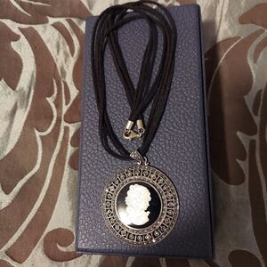 Victorian Lady CAMEO Silhouette Pendant On Black Jet Suede Leather Necklace